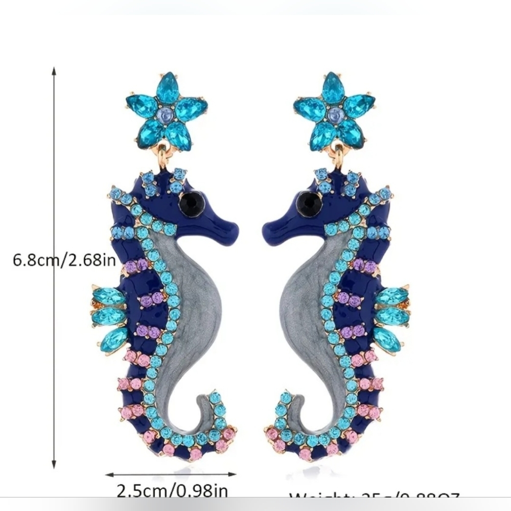 🌺Seahorse Rhinestone Dangle Earings Resort Wear Beach Wear Vacation Wear - Picture 5 of 6